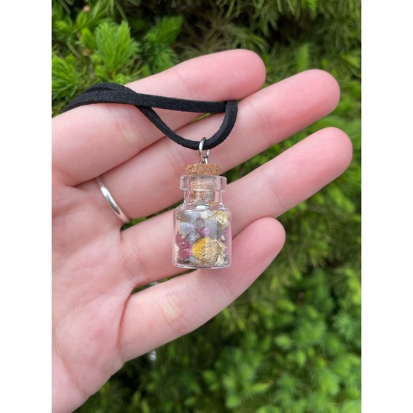 Chamomile + Smokey Quartz + Pink Tourmaline Bottle Necklace | Hand Crafted - Picture 3 of 4